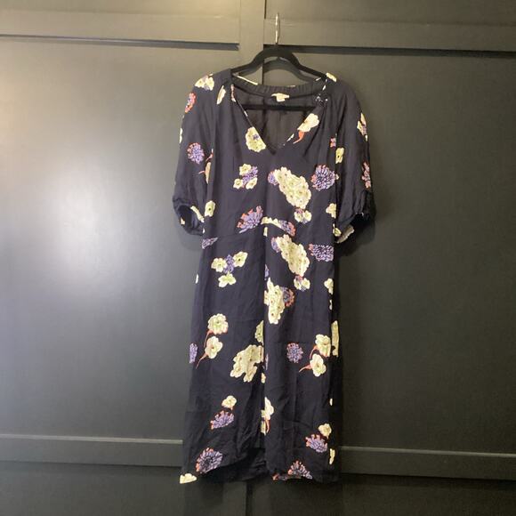 Lewit Navy Blue Floral short Dress Puff Half Sleeves Sheath Split Hem 10 viscose - Picture 10 of 11